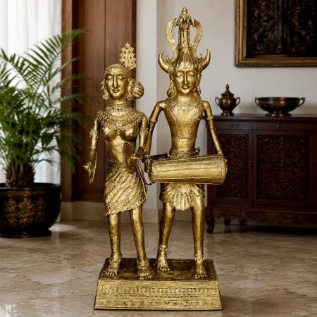 Handcrafted Brass Dhokra Monumental Musician Couple Sculpture
